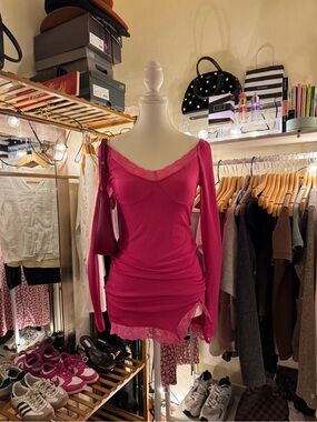 Fuchsia Lace-Trim Long Sleeve Mini Dress